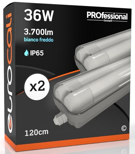 Eurocali 2x Plafoniere IP65 Impermeabile 36W Trasparente 3700 Lumen con 2 Tubi LED da 120cm - Luce Bianco Freddo 6500K - Fascio Luminoso 160° - Sostituzione Neon