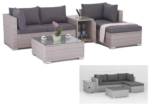 Enjoy Fit Rattan Polyrattan Lounge Sitzgruppe Garnitur Gartenmöbel aus 3 Sitzer Sofa, Hocker, Tisch mit Stauraum und Abstelltisch mit Glassplatte