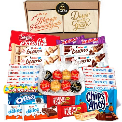 Süßigkeiten-Geschenkbox mit +35 Pralinen Kinder, Milkibar. Enthält eine Karte mit personalisierter Nachricht und Kinderschokolade, Bueno, Happy Hippos und leckere Schokolade Lindt Lindor