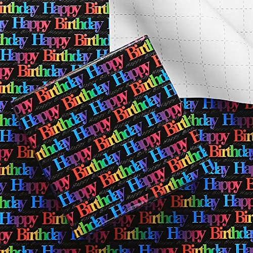 Papier cadeau joyeux anniversaire pour enfants filles garçons femmes hommes, papier cadeau dégradé de couleur avec lignes de coupe au verso, 6 feuilles pliées à plat 50 x 70 cm par feuille