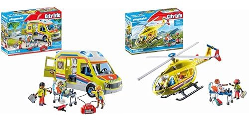 Playmobil 71202 City Life Ambulance & 71203 City Life Medical Helicopter, helicopter Toy, emergency rescue services Toy set