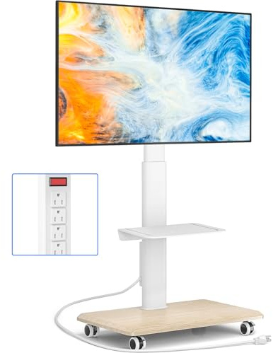 Rfiver Sleek Rolling TV Stand with Power Outlet for Home Decor, Height Adjustable Portable TV Stand on Wheels for 32-75 Inch TVs, Strong Tall Mobile TV Cart with Mount Up to 88 lbs, White