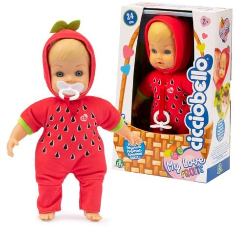 Cicciobello - Bambola Con Morbido Con Completino A Tema Fragola, My love Fruits Bambolotto Alto 24 cm, Ciuccio Incluso, Per Bambini e Bambine Dai 2 Anni