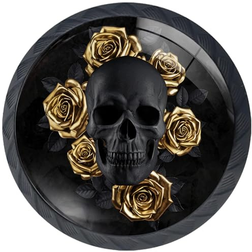 Artinhand Lot de 4 boutons de porte ronds noirs en forme de tête de mort avec roses dorées
