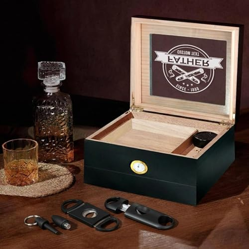 Extrabily Cigar Humidor, Personalized Engraved Humidor Gift for Men/Women. Glass Top Tabletop and Storage Drawer with Hygrometer（Black/Brown）