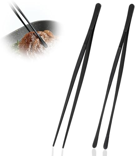 Stainless Steel Tweezer Precision Tongs, 12 Inch Long Tweezers Set of 2, Food Grade Chef Tweezers for Cooking, Food Tweezers Kitchen Tweezers with One Pointed Tip and One Round Tip, Black