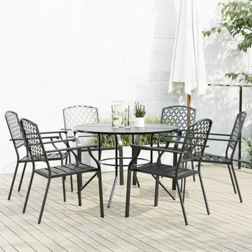 7er Gartenmöbel Set mit Bistro-Stühlen Stapelstühle, anthrazit, pulverbeschichteter Stahl, mit Netzplatte, bis 110 kg für Sitzfläche