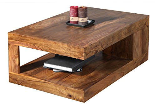 invicta INTERIOR Edelholz Couchtisch Giant L - 90cm - braun Sheesham Stone Finish - massiver Beistelltisch mit Ablage Wohnzimmertisch