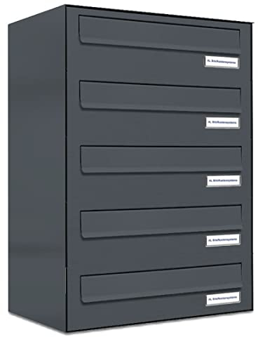 AL Briefkastensysteme 5er Briefkasten für Tür/Zaundurchwurf in Anthrazit Grau RAL 7016, 5 Fach, wetterfeste Briefkastenanlage Design modern
