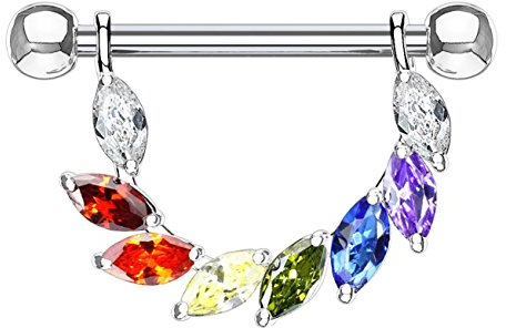 beyoutifulthings Brustwarzen-Piercing FUNKELNDER BLÄTTER-Kranz Intim-Piercing Brust-Piercing Edelstahl Silber Regenbogen Stab 1,6mm 14mm