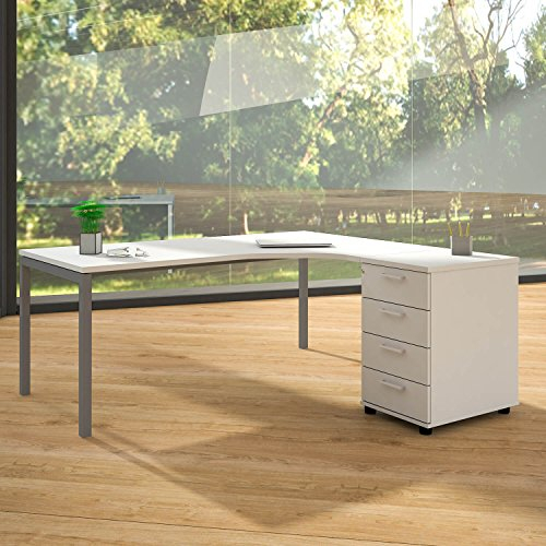 Weber Büro Winkelschreibtisch mit Standcontainer NOVA XL 180x163cm Weiß Eck-Schreibtisch, Gestellfarbe:Silber