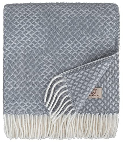 Linen & Cotton Warme Weiche Decke Wolldecke Wohndecke Kuscheldecke Sofia mit Fransen -100% Reine Neuseeland Wolle, Grau Blau (130 x 170cm) Plaid Couch Sofa Bett Wohnzimmer Blanket Schurwolle Lammwolle