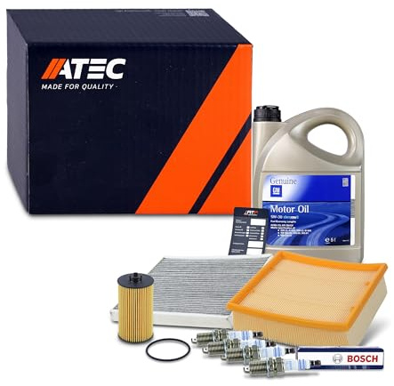 ATEC Germany Inspektionspaket Filterset mit 1x Luftfilter, 1x Innenraumfilter (Aktivkohle), 1x Motoröl 5W-30 dexos2 5 l, 4x Zündkerze Kompatibel mit OPEL CORSA D (S07), CORSA D Schrägheck (S07)