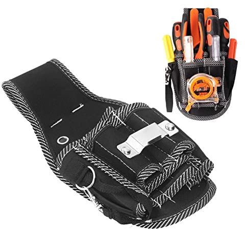 Tissting Klein Werkzeugtasche Gürtel, 26 x 14 cm Oxford Stoff Werkzeuggürtel Garten Gürteltasche mit Mehreren Taschen, Professionelle Elektriker Werkzeug Belt Tool Bag, Schwarz