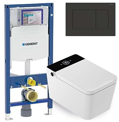 Mizubath - Intelligentes Hänge-WC-Set Isla Display LED schwarz – Wasserreinigung und Lufttrocknung | Geberit Duofix Unterputzrahmen 12 cm Tiefe | Sigma 30 Doppelspülplatte schwarz