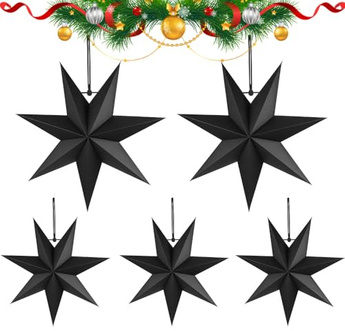 5 Stück Faltstern Weihnachten,7 Zacken Papiersterne,40cm Papierstern Dekoration,Papier Faltsterne,Papiersterne Weihnachten,Stern zum Aufhängen,Papiersterne 3D,Papiersterne zum Aufhängen (Schwarz)