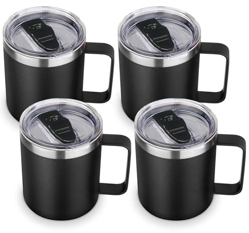 Volhoply Termo para Café de Acero Inoxidable 400ml con Asa, Taza para Café Doble Pared de Aislamiento al Vacío, Termos a Prueba de Fugas para Oficina, Camping y Viajes(Negro, 4)