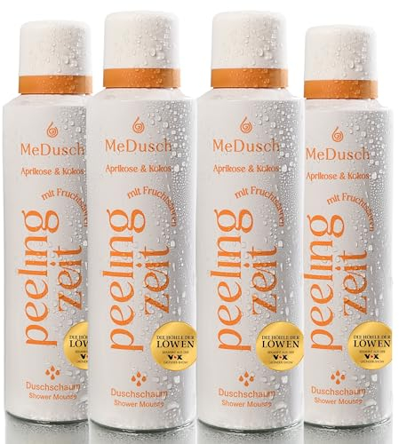 MeDusch Duschpeeling Duschschaum Peelingzeit (200ml) Aprikose und Kokos mit milder Frucht- und Milchsäure (AHA, BHA) im praktischen 3er-Set (unisex)- Körperpeeling, AHA BHA Peeling