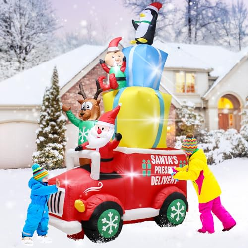 9Ft/274cm Weihnachten aufblasbare Auto-Dekoration: Großer aufblasbarer Weihnachtsmann mit Hirsch, Pinguinen, Elfen und Geschenktüten, aufblasbare Weihnachtsdekoration mit LED-Licht für Haus und Hof