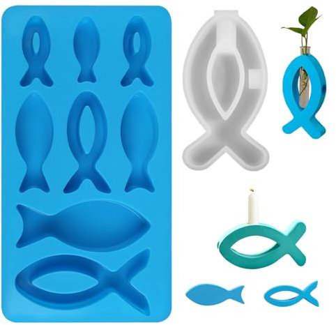 2 Stück Silikonform Fisch, 8 Gitter Silikonformen Gießformen Fisch, Fischförmige Kerzenhalter Silikonform Konfirmation, Gießform Fisch für Seife Kuchen Dessertherstellung Kommunion Taufe Deko