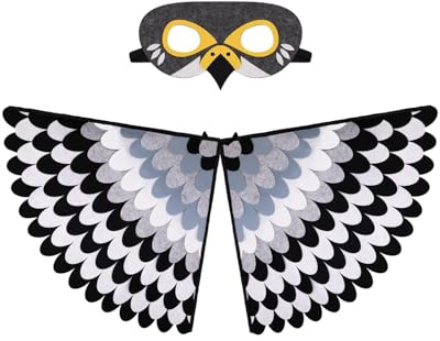 Costume da falco bianco e nero con maschera per uccelli, mantello colorato in feltro per uccelli della giungla