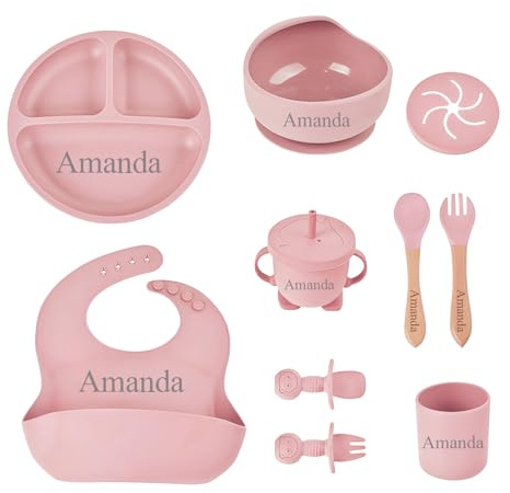 Ensemble d'alimentation pour bébé en silicone personnalisé avec nom, fournitures d'auto-sevrage pour bébé personnalisées, avec bols à ventouse en silicone, tasses, assiettes, etc Vieux rose