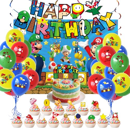 44 Stück Mario Deko Geburtstag, Mario Geburtstagsdeko, Cartoon Party Deko, WlsqDE Anime Luftballon, Cartoon Geburtstagsdeko, mit Banner, Tortendeko, Hintergrund, für Geburtstage