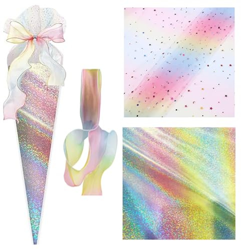 QijAOPD Schultüte Stoff Glitzertüll Set, 100x150cm Regenbogen Tüll für Schultüte Bastelset, 3-Teilig mit Sternen und Band, Schimmerndes Material für Schultüte Rohling, DIY Deko