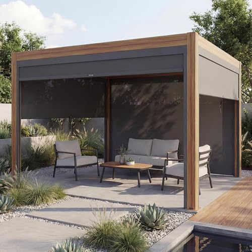 Pergola HWC-L46 - Carpa enrollable con pared lateral, estructura de aluminio de 10 cm, resistente a las tormentas de 3 x 3 m, estructura de aspecto de madera, antracita