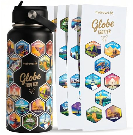 HYDRAVEL Gourde thermique GLOBE TROTTER avec 50 autocollants des plus beaux endroits du monde – Excellente idée cadeau pour les voyageurs – 1 l, acier inoxydable, boissons chaudes pour 12h/froid 24h