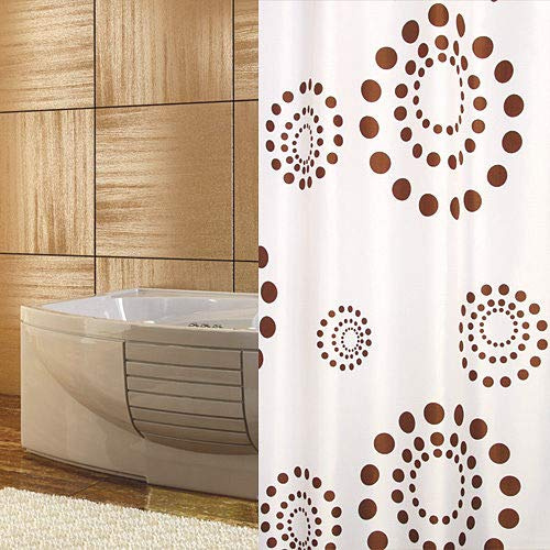KSHANDEL24 Textil duschdraperi 180 x 230 cm bruna cirklar prickar vit retro överlängd tvättbar!