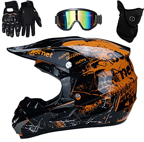 Mopedhelm Motocross Helm Herren Integralhelm Sonnenschutzhelm, Set Damen Fullface Motorrad DH Cross Offroad Enduro Mountainbike Helme mit Visier Brille Handschuhe Maske,Orange,XL(58~59cm)