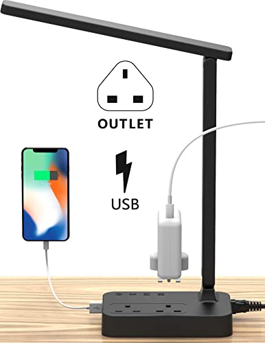 Drevet LED Desk Lamp, Desk Light with 1 USB Charging Port and 2 Way Outlets, 3 Lighting Modes, 3 Level Brightness,1H Timer, Touch Control, Eye-Caring Home Office Bedside Table Lamp (Black)