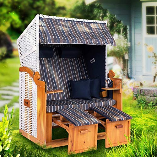 Strandkorb Hanse Strandkorb Ostsee XXL Volllieger Weiß Blau - 2-Sitzer 120cm breit, ideal für Garten, Terrasse und Balkon (Weiß Blau Braun Gestreift, Zerlegt)