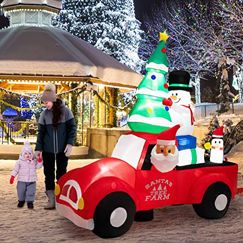 COSTWAY Decorazione Gonfiabile di Natale 240 cm, Gonfiabile di Babbo Natale con Pupazzo di Neve e Pinguino con LED e Soffiatore, per Prato, Casa, Festa