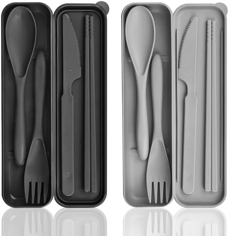 Juego de cubiertos, 2 cubiertos de camping con maleta, cubiertos de viaje de plástico, cuchara, cuchillo, tenedor, palillos, estuche, cubiertos de camping, juego de cubiertos portátiles reutilizables