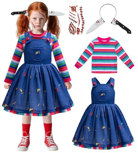 GMEDJVE Grusel Puppen Kostüm Mädchen Halloween Horror Cosplay Kleid Set | Mehrteiliges gruseliges Puppenoutfit, geeignet für Horror-Mottoparty, Halloween, Schulvorführung und Kostüm-Cosplay