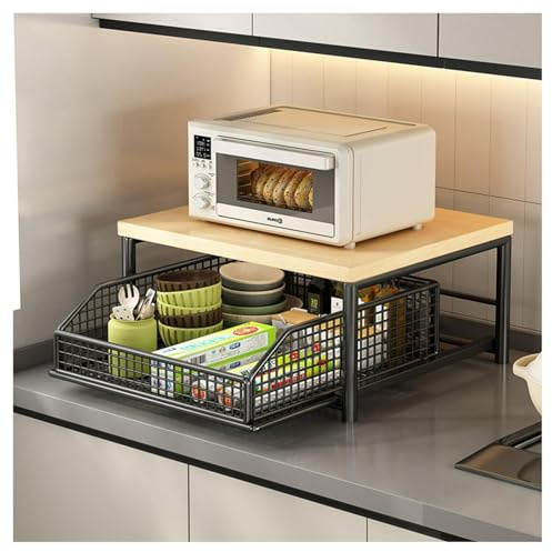 Piccolo carrello da cucina per forno a microonde con cestino portaoggetti senza ruote, mensola compatta da cucina per ufficio, soggiorno, camera da letto, nero (taglia S)
