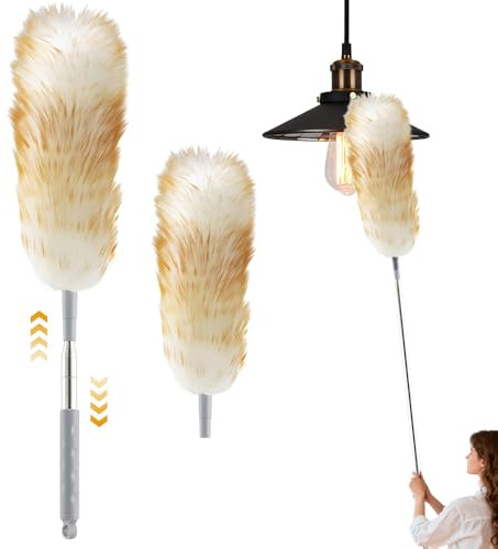 XEERUN 2PCS Extendable Feather Duster, 140CM Lambswool Duster for Cleaning with Extension Pole, Extendable and Reusable, Long Handled Dusters for High Ceilings Lights, Home, Office, Car