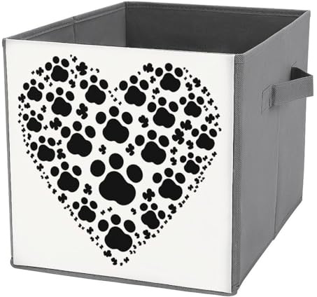 KWQDOZF Cubi portaoggetti pieghevoli con manici, motivo a forma di cuore con stampa di zampe di cane, contenitori a cubo per organizzare vestiti e libri, cestini portaoggetti per scaffali e armadi
