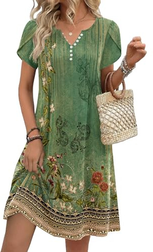 Women's Dresses Summer V-Neck Short Sleeve Floral Dresses with Pockets