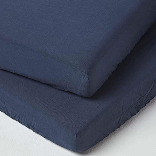 HOMESCAPES Lot de 2 Draps Housse lit bébé en Lin lavé Bleu Marine, Drap Housse bébé 60x120 cm