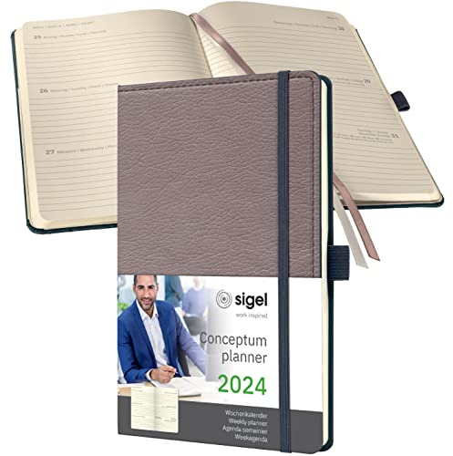 SIGEL C2451 Terminplaner Wochenkalender 2024, Lederoptik, ca. A5, taupe- Hardcover, 192 Seiten, Gummiband, Stiftschlaufe, Archivtasche, PEFC-zertifiziert, Conceptum