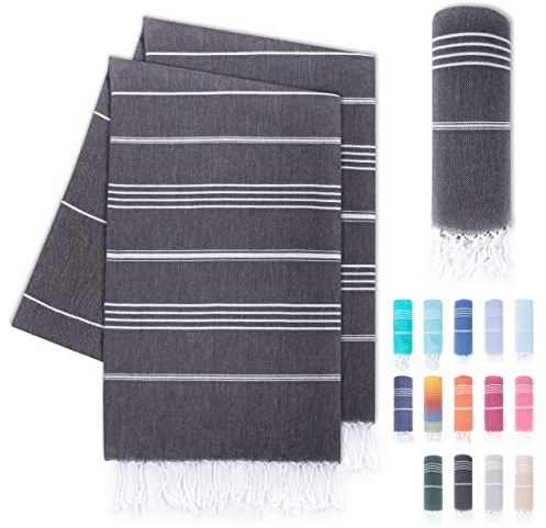 LAYNENBURG 2er-Set Premium Hamamtuch mit handgeknüpften Fransen - 100% Baumwolle - XXL Strandtuch 100x200 cm - Oeko-TEX 100 - Strandhandtuch groß - Saunatuch & Reisehandtuch (Anthrazit)