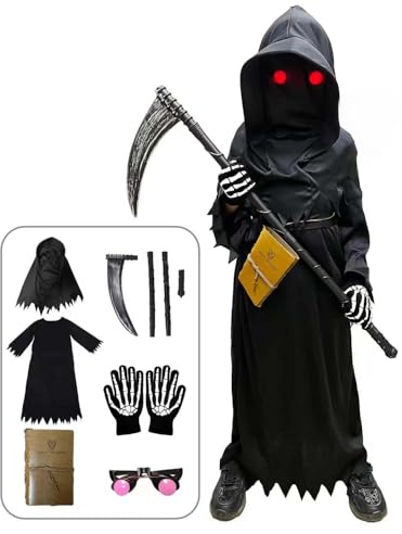 Tosekry Costume Halloween Bambino, Vestito Halloween Bambino Costumi Halloween Bambini con Death Notebook, Tuta, Cappuccio, Occhiali Fosforescenti, Falce e Guanti(4-5 anni)
