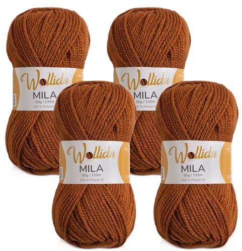 Wollidu Mila garn för virkning och stickning 4 x 50 g/133 m stickgarn 100 % polyakryl virkgarn räv brun