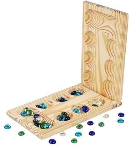 JWQFBC Mancala Board Game Set for The Whole Family, Multicolored Beads, Ages 7 And Up, Wooden, Foldable, Party Gift, for Kids, 32x9.5x1.6cm