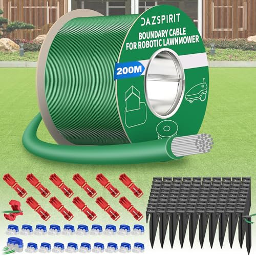 DazSpirit 200 m Boundary Cable + 100 Pegs + 20 Cable Connectors + 10 Connection Terminals for Robot Lawnmower, Garden Wire Accessory Set, Compatible with Gardena Bosch Husqvarna Worx Honda Robomow etc