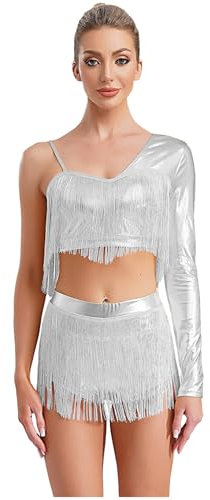 Runhomal Bauchtanz Kostüm Damen Quaste Hüfttuch Outfits Frauen Latein Bauchtanz Kostüm Rumba Cha Cha Samba Ballsaal Tanzkostüm Weiß XXL