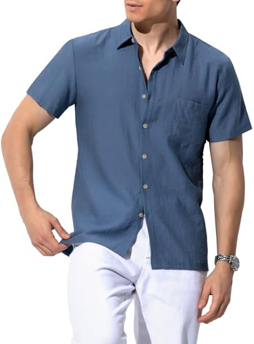 Casey Kevin Camisa Lino Manga Corta Hombre Camisas Informales de Verano Camisa Ocio de Color Sólido con Botónes Top con Bolsillo